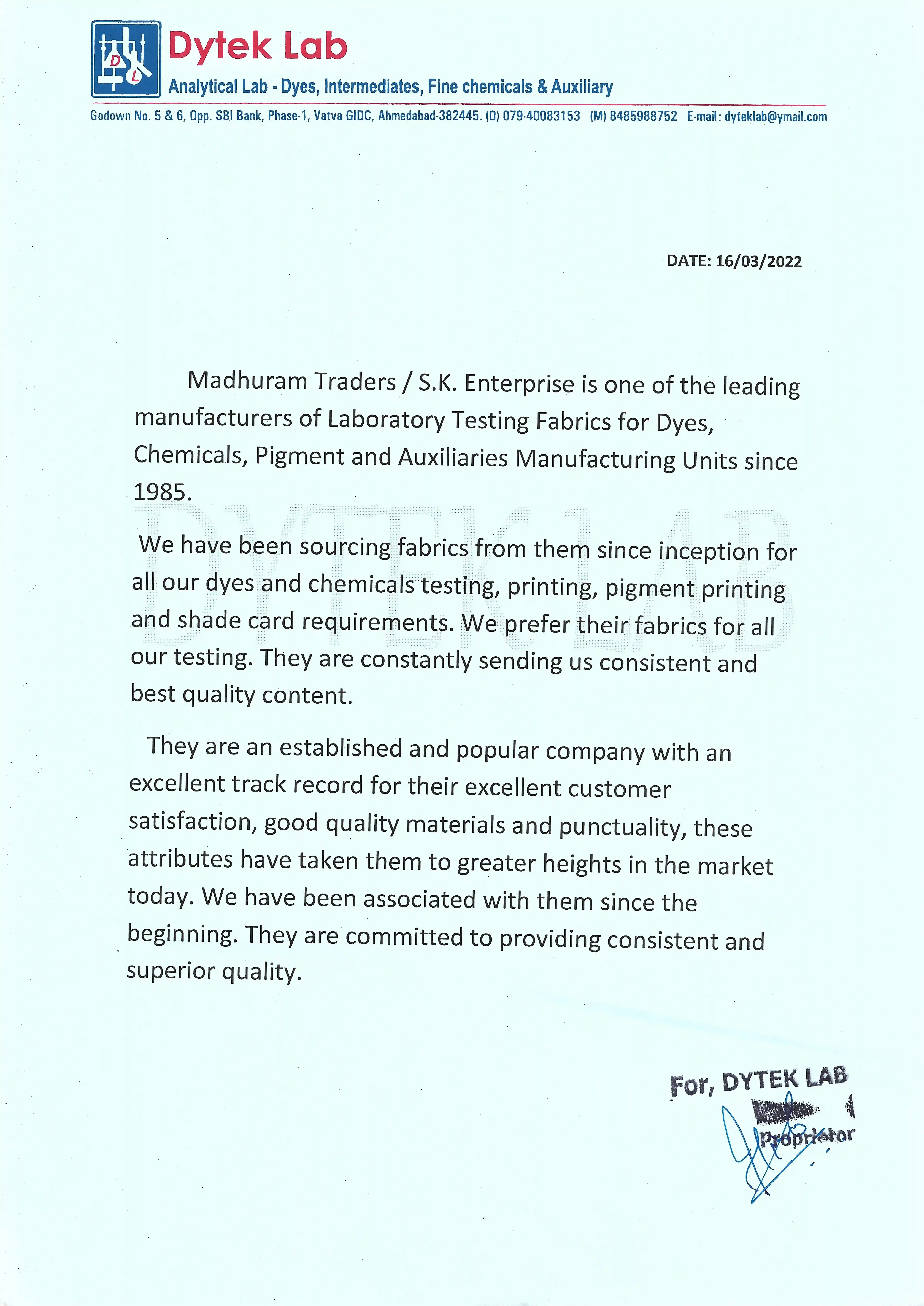 Letter from DYTEK LAB - S.K.Enterprise